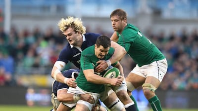 Jonathan Sexton, centre, was a force for Ireland in their opening Six Nations victory over Scotland on Sunday. David Rogers / Getty Images