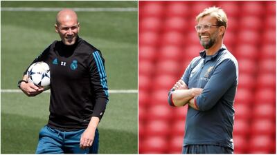Real Madrid manager Zinedine Zidane, left, and Liverpool manager Jurgen Klopp, right. Gabriel Buoys / AFP, Carl Recine / Reuters