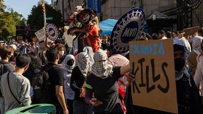 Pro-Palestine protesters demonstrate outside Columbia University, in New York, on September 3. AP