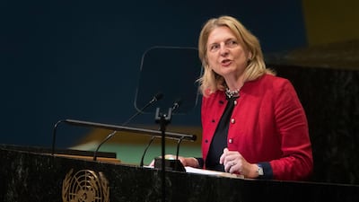Austrian Foreign Minister Karin Kneissl addresses the United Nations General Assembly. AP Photo