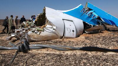 File photo shows Russian emergency minister Vladimir Puchkov, fourth left, visiting the crash site of a A321 Russian airliner in Wadi Al Zolomat, a mountainous area of Egypt’s Sinai Peninsula which killed all 224 people on board on October 31, 2015. Russia confirmed on November 17, 2015 that the plane was brought down by terrorists. AFP / Russia’s emergency ministry, Maxim Grigoryev
