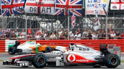 Britain's Lewis Hamilton in his McLaren car finished fourth at the British Grand Prix on Sunday.