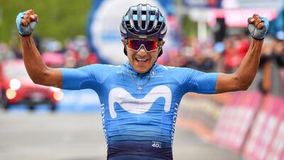 Richard Carapaz celebrates after winning Stage 14 of the Giro d'Italia