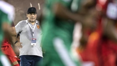 Diego Maradona’s first match in charge of Fujairah in the UAE First Division ended in a 1-1 draw against Al Orouba. Christopher Pike / The National