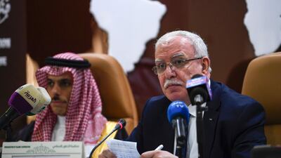 Palestinian Foreign Minster Riyad Al Maliki delivers a speech during an emergency ministerial meeting of the Organisation of Islamic Cooperation. AFP