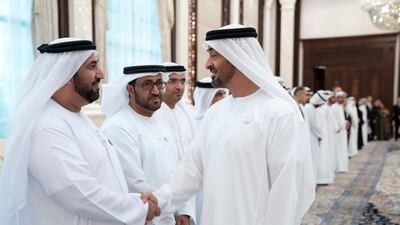 Sheikh Mohamed bin Zayed, receives Special Olympics sponsors during an iftar reception at Al Bateen Palace. Eissa Al Hammadi for the Ministry of Presidential Affairs