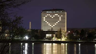 The Marriott Hotel in Bonn, Germany thanks all the coronavirus crisis workers with an illuminated heart of lights. Getty