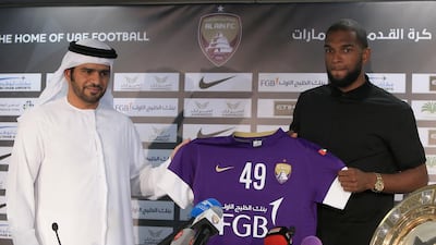 Ryan Babel, right, is presented as an Al Ain player and unveiled his shirt number. Ravindranath K / The National / July 2, 2015