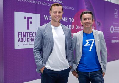 Tim Harley (L), head of Middle East expansion at TransferWise, and Matt Briers, chief financial officer of TransferWise, at the FinTech Abu Dhabi conference Tuesday. They said the time was right to come to the UAE. Victor Besa / The National