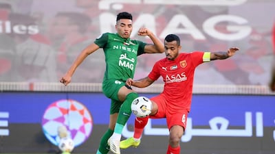 Shabab Al Ahli’s Brazilian forward (green) is challenged by challenged by Fujairah's Ibrahim Al Mansouri in the Arabian Gulf League matchweek 23 at the Rashid stadium on Friday, April 2, 2021. Courtesy PLC