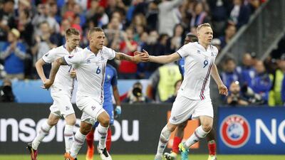 Kolbeinn Sigthorsson celebrates after scoring their first goal. Darren Staples / Reuters