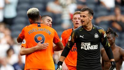 Newcastle United's Martin Dubravka, Joelinton and Miguel Almiron celebrate after beating Tottenham Hotspur 1-0 away in the Premier League. Reuters