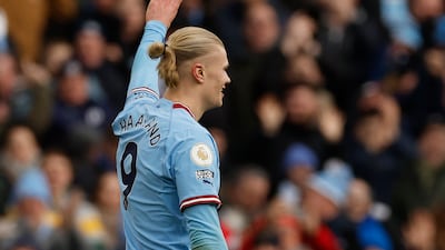 City striker Erling Haaland celebrates after completing his hat-trick. Reuters.