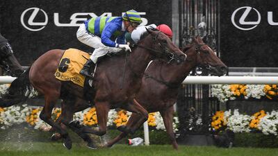 Mark Zahra rides Bella Rosa to victory in Race 1, the Bumble Stakes, during the Melbourne Cup Day. EPA