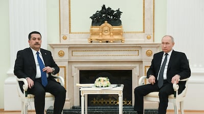 Russian President Vladimir Putin and Iraqi Prime Minister Mohammed Shia Al Sudani attend a meeting in Moscow on Tuesday. Photo: Sputnik
