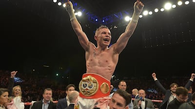 New IBF super-bantamweight world champion Carl Frampton celebrates after his victory over Kiko Martinez of Spain in September, 2014. Getty