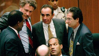 OJ Simpson's 'dream team', standing from left, Johnnie Cochran, Peter Neufeld, Robert Shapiro, Robert Kardashian and Robert Blasier. AP photo