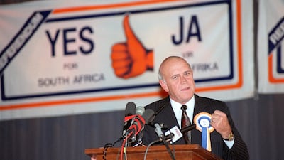 In March 1992, South African President FW de Klerk addresses a packed hall at a teachers' training college in Pretoria during a referendum rally. AFP