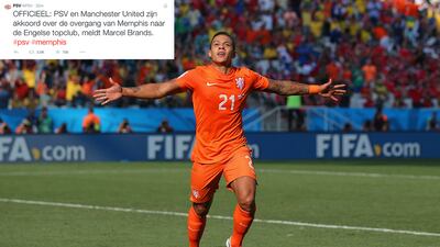 Memphis Depay shown with the Netherlands at the 2014 World Cup in Brazil. His club PSV Eindhoven announced a transfer to Manchester United on Thursday, May 7, 2015. Dean Mouhtaropoulos / Getty Images / June 23, 2014