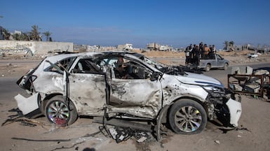 A car which was hit in Israeli strikes, killing workers from the World Central Kitchen. EPA