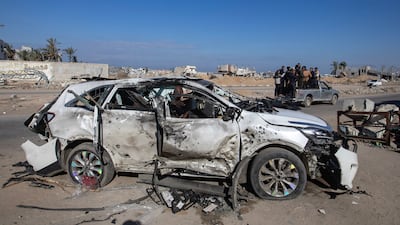 A car which was hit in Israeli strikes, killing workers from the World Central Kitchen. EPA