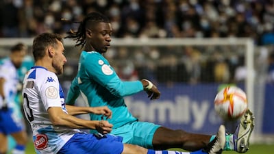 Alcoyano midfielder Imanol fights for the ball with Real Madrid's Eduardo Camavinga. AFP