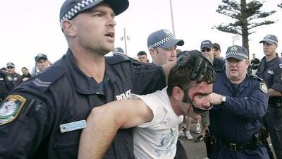 A man involved in ethnic clashes arrested at Cronulla in Sydney in December 2005 - the film Combination uses footage from these riots.