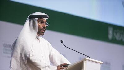 Ahmed Al Sayegh, chairman of Abu Dhabi Global Market, gives his keynote speech at the NBAD Global Financial Markets Forum. Mona Al Marzooqi / The National