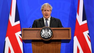 Britain's Prime Minister Boris Johnson gives an update on the coronavirus Covid-19 pandemic during a virtual press conference inside the new Downing Street Briefing Room. AFP