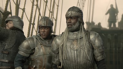 Corlys Velaryon, played by Steve Toussaint, and Alyn of Hull, played by Abubakar Salim, share one of season three’s key emotional moments. Photo: HBO