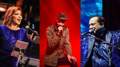 L-R: Syrian singer Assala Nasri, Egyptian band Cairokee and Pakistani singer Rahat Fateh Ali Khan will perform Eid concerts in the UAE. EPA and courtesy Coca-Cola Arena