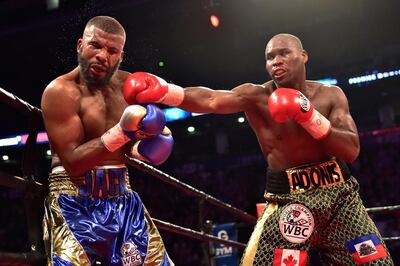 Adonis Stevenson, right, strikes Badou Jack during their WBC light heavyweight match on May 19, 2018. Frank Gunn / The Canadian Press via AP