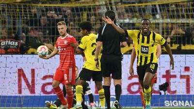 Youssoufa Moukoko after scoring Dortmund's first goal against Bayern. AFP