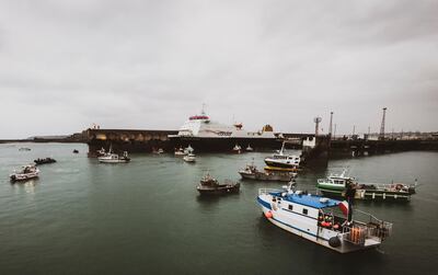 French fishing vessels block the port of St Helier in Jersey, on May 6, 2021. AP