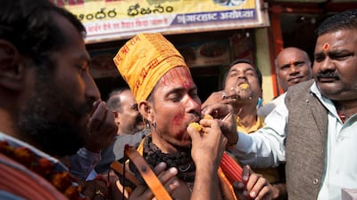 Hindus celebrate in Ayodhya after the Supreme Court's verdict on the disputed religious site in the north Indian city. Reuters