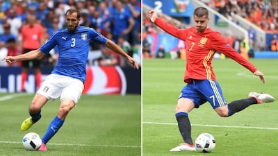 This combination of two file pictures created on June 24, 2016 shows Italy's defender Giorgio Chiellini (L) in Toulouse on June 17, 2016, and Spain's forward Alvaro Morata in Toulouse on June 13, 2016. Italy will face Spain in their Euro 2016 round of 16 football match in Saint-Denis on June 27, 2016. (AFP/Rémy Gabalda)