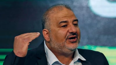 Mansour Abbas, leader of the United Arab List, speaks to supporters from his campaign headquarters in the northern Israeli city of Tamra. AFP