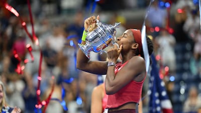 Coco Gauff kisses the US Open trophy after defeating Aryna Sabalenka in the final. AFP