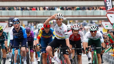 Slovenian rider Tadej Pogacar of UAE Emirates Team celebrates winning the seventh and last stage of the Volta Ciclista a Catalunya, in Barcelona, Spain, on March 24, 2024. EPA