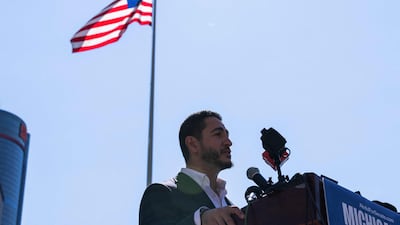 Michigan Democratic Senate primary winner Abdul El-Sayed speaks in front of the Spirit of Detroit statue on August 05, 2026 in Detroit, Michigan. AFP