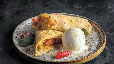 A dessert of slow-roasted pineapple, wrapped in a crepe, available at Vox Gold. Courtesy Vox Cinemas