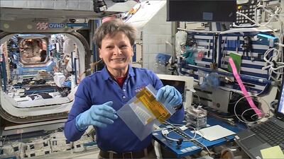 Veteran astronaut Peggy Whitson on board the International Space Station. Whitson worked on the experiment of Genes in Space winner Alia Al Mansoori before returning to Earth earlier this month. Whitson, who has spent more time in space than any other woman, also sent a message of support to Alia.