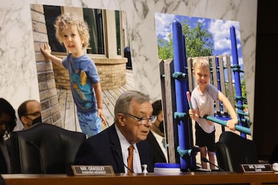 US Senator Richard Durbin sits at a hearing in Washington in front of a picture of Cooper Roberts, right, and Aiden McCarthy, 2, who lost both his parents in the Highland Park shooting. AFP