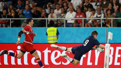 George Horne of Scotland scores his team's seventh try during the Rugby World Cup 2019 Group A game between Scotland and Russia at Shizuoka Stadium Ecopa in Fukuroi, Shizuoka, Japan. Getty Images