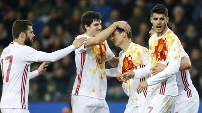 Italy v Spain, international friendly match. Spain's Aduriz Zubeldia celebrates with teammates after scoring. REUTERS/Alessandro Garofalo