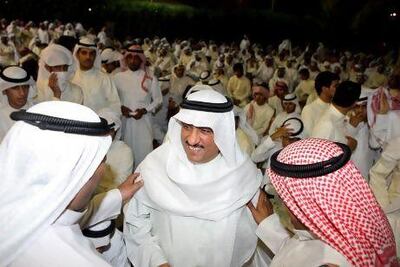 Kuwaiti opposition leader and former MP, Mussallam Al Barrak, attends a demonstration in Kuwait City on April 17 against a court verdict to jail him for five years for insulting the emir.