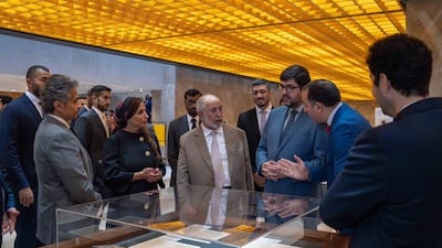 Sheikh Dr Sultan bin Muhammad Al Qasimi, accompanied by Sheikha Bodour bint Sultan Al Qasimi, reviews documents at the Portuguese National Archives in Lisbon. Photo: Sharjah Media Office