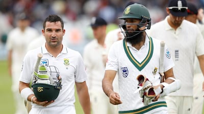 South Africa's Dean Elgar and Hashim Amla at the end of Day 2 of the second Test against England at Trent Bridge.