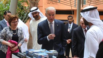 The US Vice President at Masdar City with Dr Sultan Ahmed Al Jaber, Minister of State and Chairman of Masdar, third left. Kamran Jebreili / AP Photo