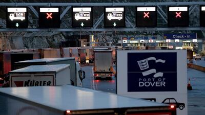 Lorries arrive to board ferries on the morning after Brexit took place at the Port of Dover in Dover, England, Saturday, Feb. 1, 2020. AP